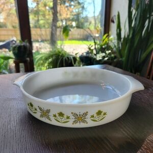Vintage Anchor Hocking Fire King Green Floral Milk Glass Casserole Serving Dish